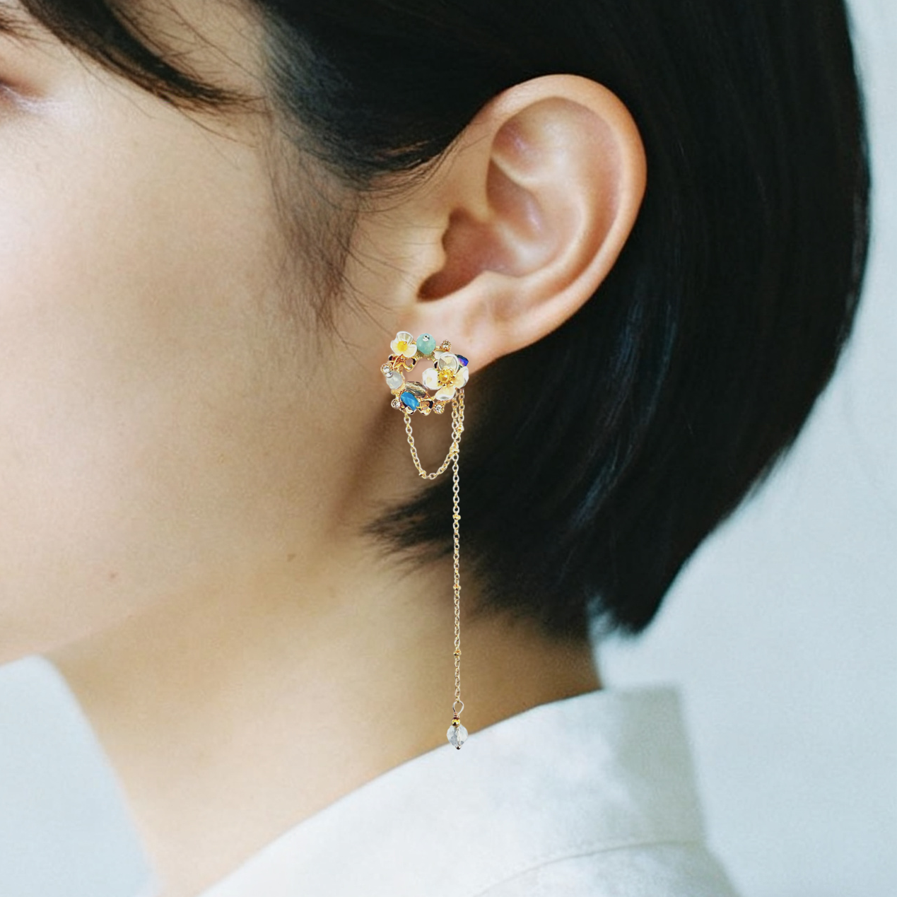 フラワーリースチェーンピアス アシンメトリーデザイン